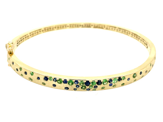 Sapphire & Tsavorite Narrow Bangle in Green Gold