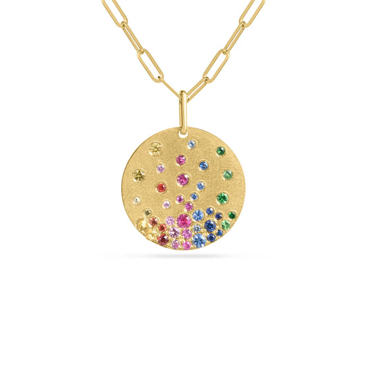 Rainbow Sapphire Confetti 20mm Disc Necklace