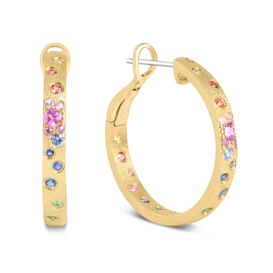 Rainbow Sapphire Confetti Round Hoop Earring