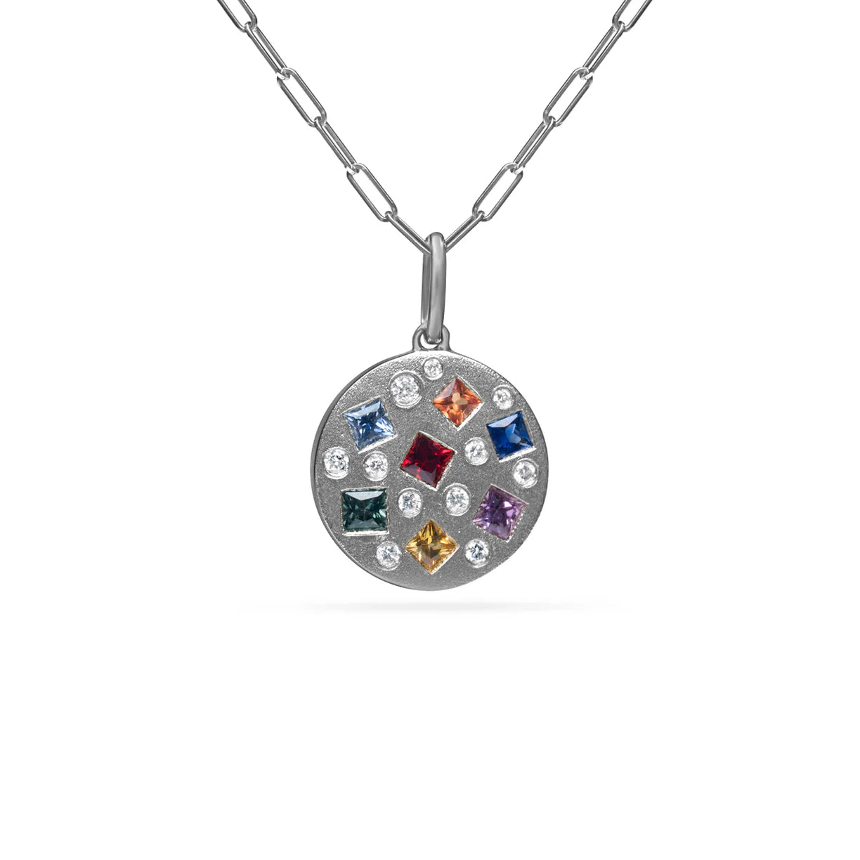 Rainbow Sapphire & Diamond Princess Disc Necklace